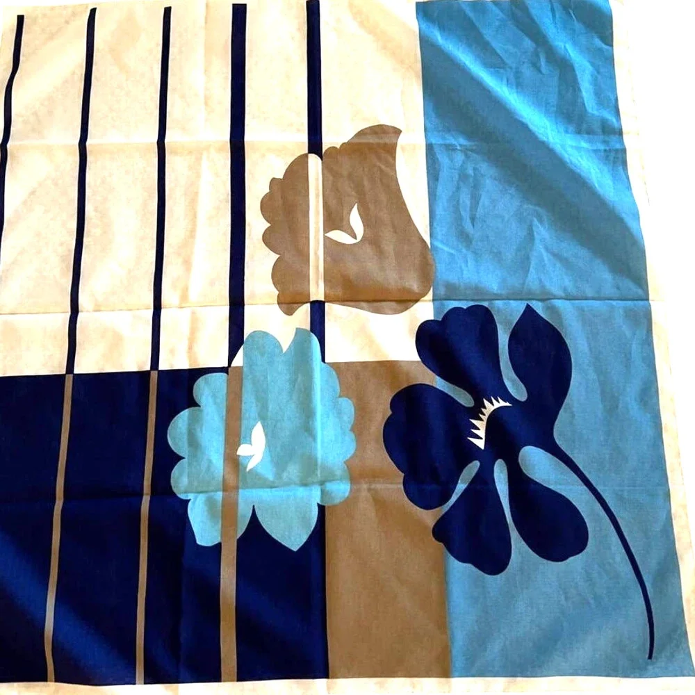 Vintage Abstract Floral Scarf 26” Square Blue White Tan Navy Retro Print